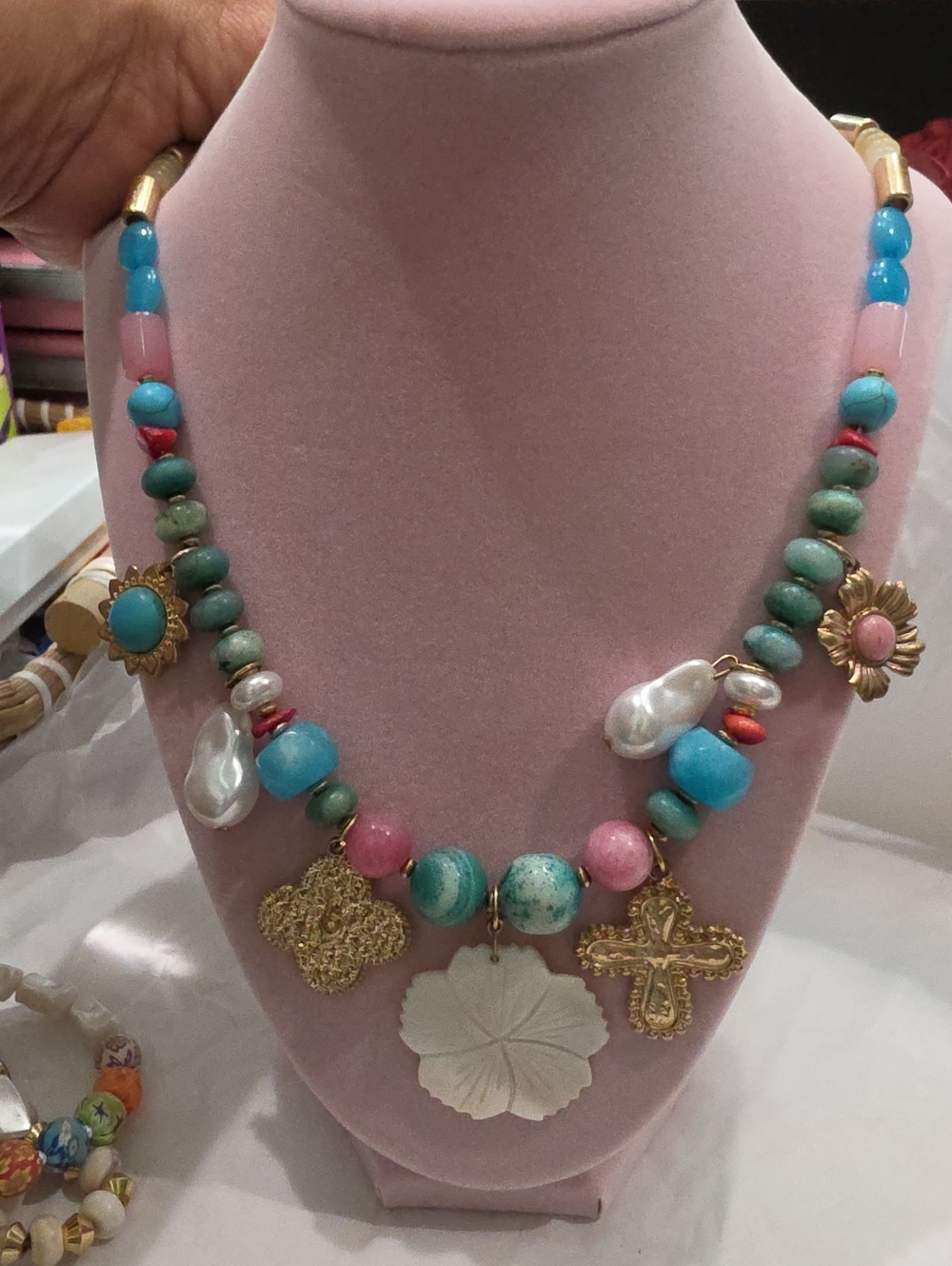 Colorful Beaded Statement Necklace with Gold Charms - Pink & Turquoise